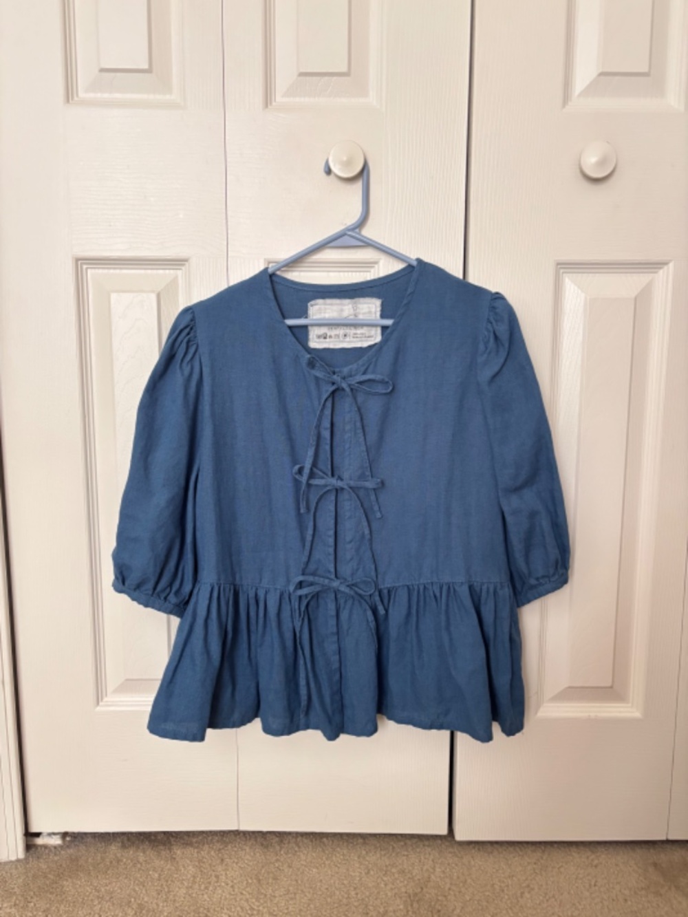 notPerfectLinen Melina Bow-tie Linen Blouse, Indigo, M - Picture 4 of 5